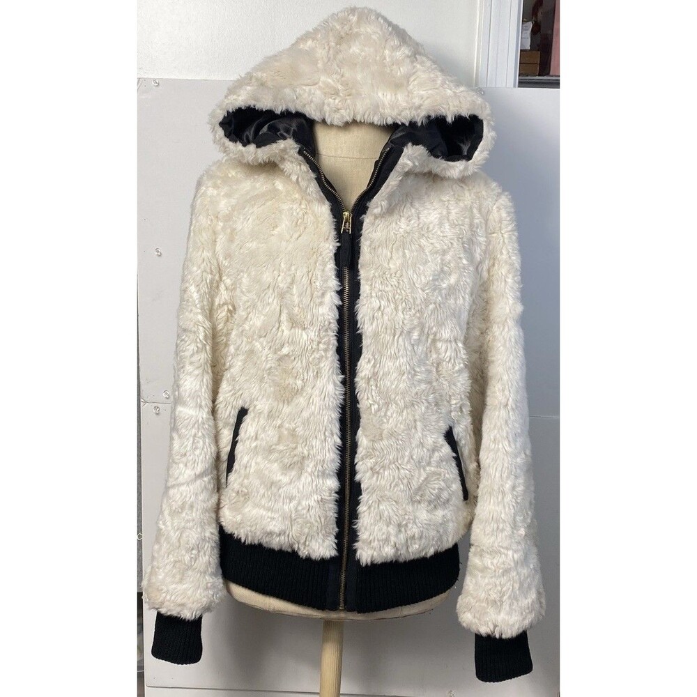 Jeans by Buffalo Women's White Faux Fur Zip Front Hooded Jacket Size L
